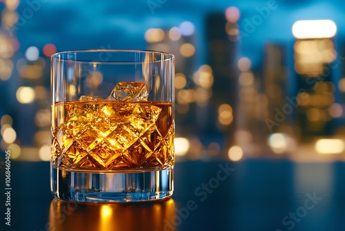 Single pour of Japanese whisky in crystal glass, polished dark bar, blurred spirits behind, amber tones, warm and luxurious scene