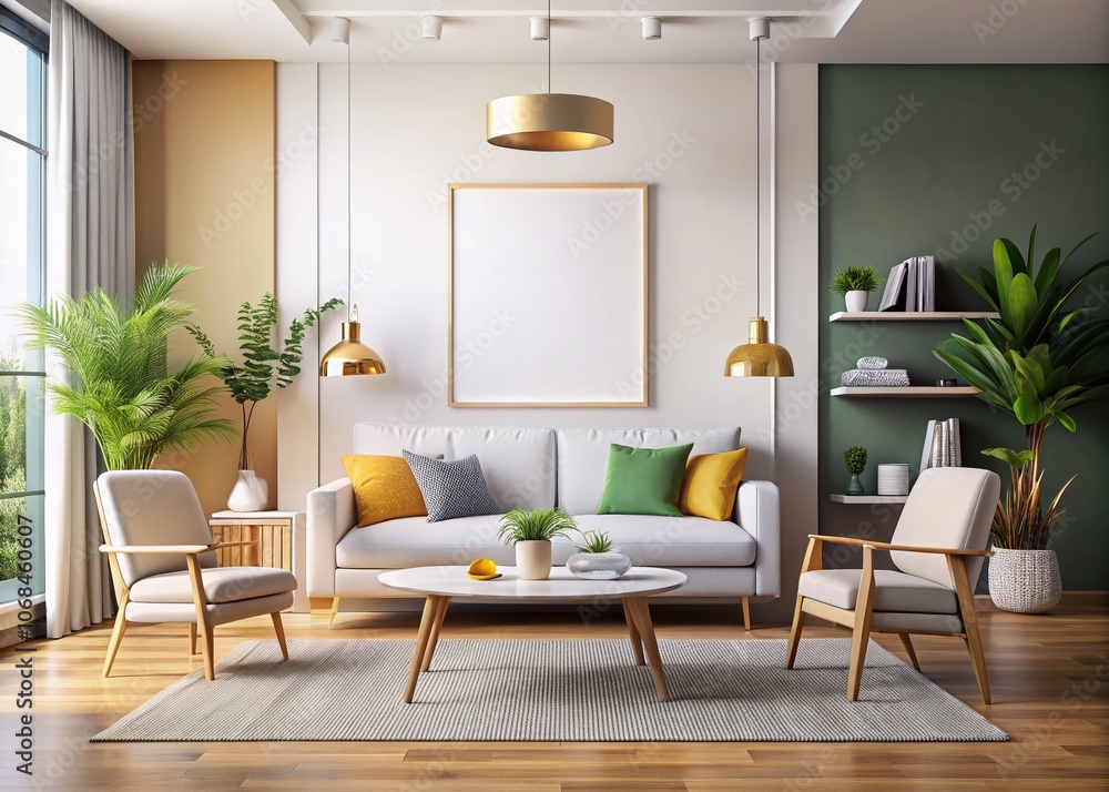 Fototapeta premium Elegant Living Room with Mockup Poster, Large White Table, and Couch - Ideal for Print Card Design, Home Decor Inspiration, Modern Interior Photography, Stylish Furnishings