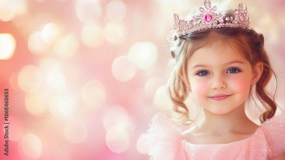 Young Caucasian girl in pink dress and tiara, smiling soft, sparkling background Young Caucasian girl in pink dress and tiara, smiling soft, sparkling background