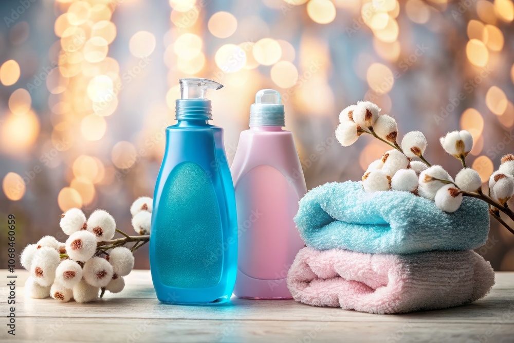 Tranquil Delicate Wash Scene Featuring Blue and Pink Laundry Detergent Bottles with Cotton Towels and a Cotton Branch, Perfect for Home Care and Laundry Concepts Tranquil Delicate Wash Scene Featuring Blue and Pink Laundry Detergent Bottles with Cotton Towels and a Cotton Branch, Perfect for Home Care and Laundry Concepts