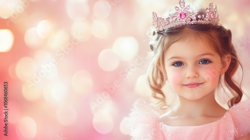 Young Caucasian girl in pink dress and tiara, smiling soft, sparkling background