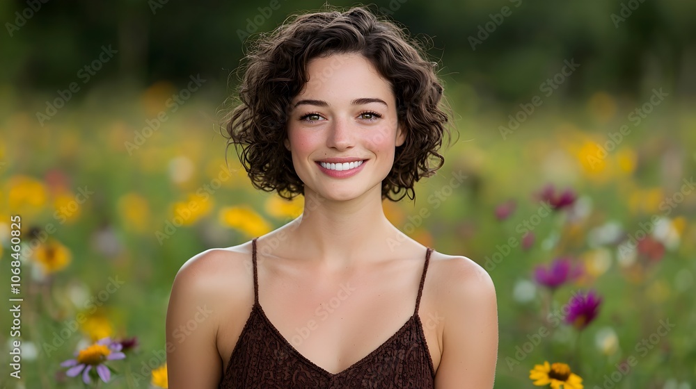 Portrait of a smiling young woman in an organic cotton dress walking through a vibrant wildflower field symbolizing the beauty and sustainability of eco friendly fashion Portrait of a smiling young woman in an organic cotton dress walking through a vibrant wildflower field symbolizing the beauty and sustainability of eco friendly fashion
