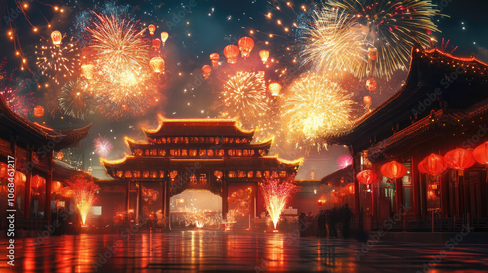 Fototapeta premium Colorful fireworks and lanterns illuminating a Chinese temple on Chinese New Year, symbolizing joy and tradition..