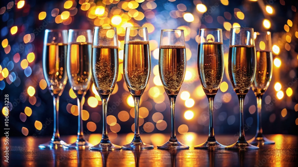 Elegant Night Photography of a Row of Champagne Glasses at a Festive Party with Bokeh Lights and Sparkling Reflections Elegant Night Photography of a Row of Champagne Glasses at a Festive Party with Bokeh Lights and Sparkling Reflections
