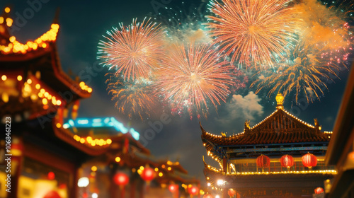 Fireworks and glowing lanterns with a Chinese temple background during Chinese New Year, creating a festive atmosphere..