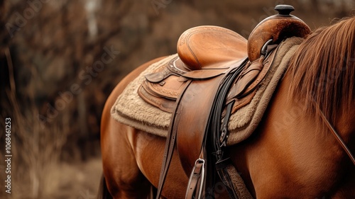 Close-up of brown horse with leather saddle in outdoor setting