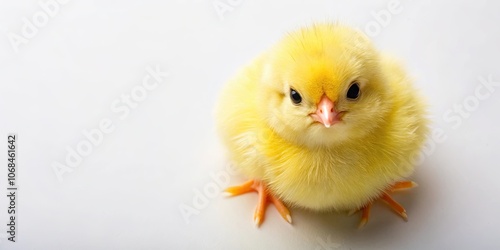 Overhead view of a fluffy yellow chick, chick, bird, poultry, fluffy, yellow, animal, farm, cute, livestock, agriculture