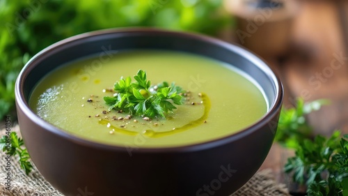 Green vegetable soup garnished with fresh parsley and black pepper in brown bowl