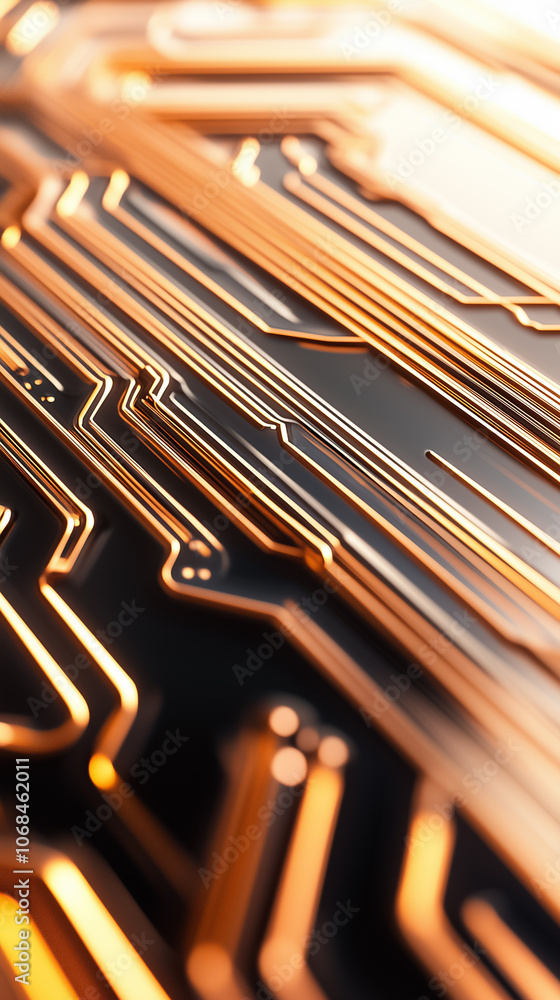 Close view of a circuit board displaying complex copper pathways illuminated in warm tones, emphasizing technology Close view of a circuit board displaying complex copper pathways illuminated in warm tones, emphasizing technology