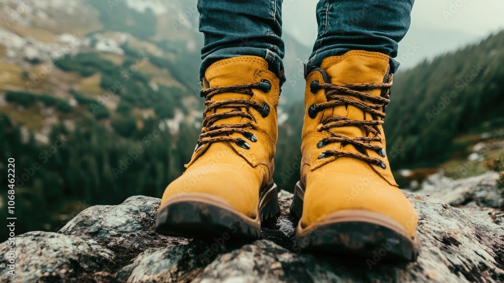 Sturdy yellow hiking boots on rocky terrain, with scenic mountain background Sturdy yellow hiking boots on rocky terrain, with scenic mountain background