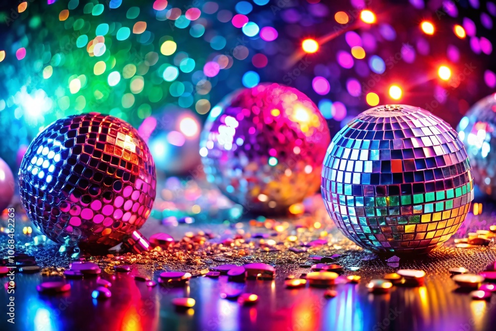 Obraz premium Vibrant Disco Party Background, Colorful Vector Illustration Featuring Macro Photography Elements Like Glitter Balls and Neon Lights for a Fun Atmosphere