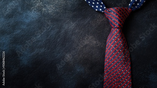 Elegant striped red and blue tie on dark textured background