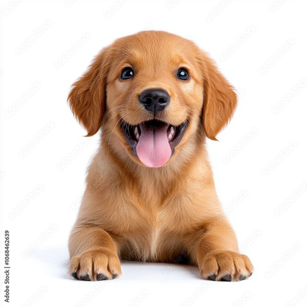 A photostock of a golden retriever puppy with playful expression, isolated on white background, High Quality A photostock of a golden retriever puppy with playful expression, isolated on white background, High Quality