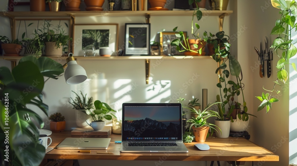 A clean, clutter-free workspace in a small home, featuring a laptop, plants, and shelves organized with minimal decor, representing an efficient downsizing approach. A clean, clutter-free workspace in a small home, featuring a laptop, plants, and shelves organized with minimal decor, representing an efficient downsizing approach.