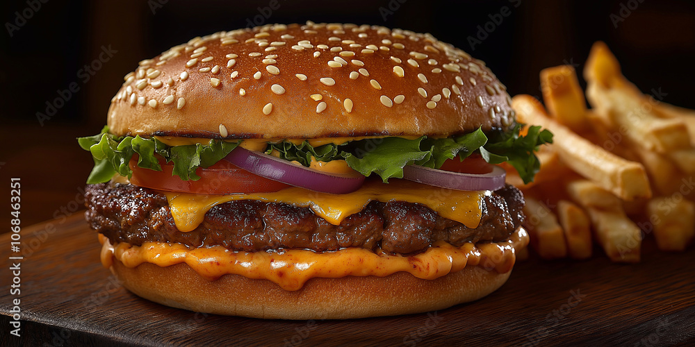 burger with fries in a restaurant burger with fries in a restaurant