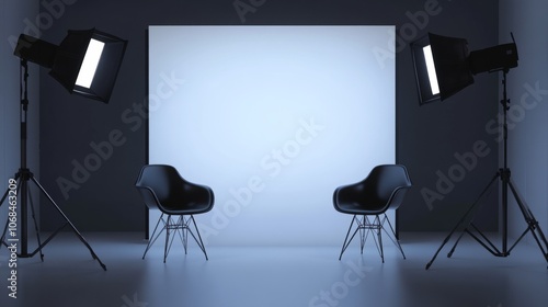 Minimalist podcast studio setup with two chairs and a clean background, ample copy space for text or branding, perfect for media use