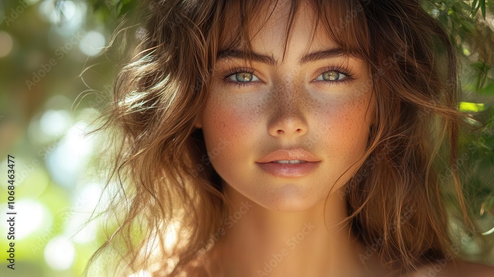 a model girl flaunts her shiny, healthy brown hair while showcasing natural beauty with glowing skin, embodying a fresh approach to hair and skin care products a model girl flaunts her shiny, healthy brown hair while showcasing natural beauty with glowing skin, embodying a fresh approach to hair and skin care products