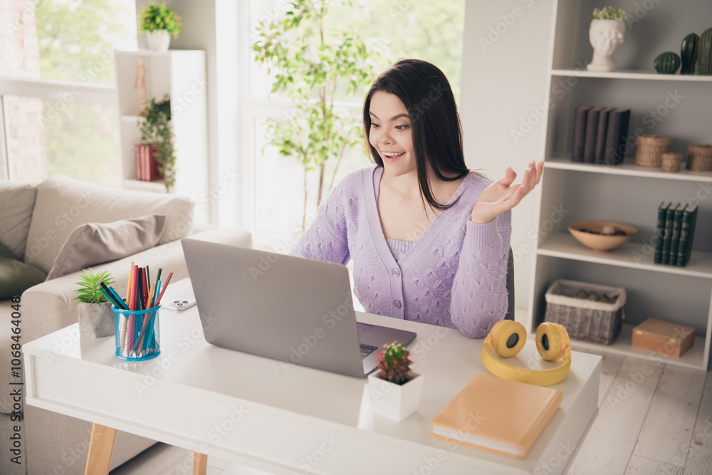 Photo of nice young teen girl study netbook remotely video call wear violet clothes enjoy modern cozy bright interior flat indoors Photo of nice young teen girl study netbook remotely video call wear violet clothes enjoy modern cozy bright interior flat indoors
