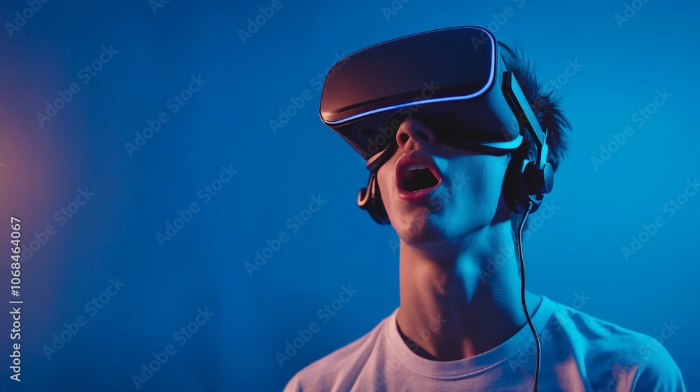 A young man wearing a virtual reality headset, looking amazed and engaged, A young man wearing a virtual reality headset, looking amazed and engaged,