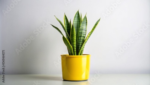 Young Sansevieria Cylindrica Boncel in a Bright Yellow Pot Isolated on White Background for Minimalist Indoor Design Inspiration Featuring a Cylindrical Snake Plant photo