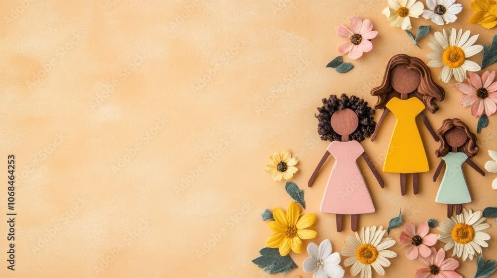 Wooden figures of women and child surrounded by flowers on light background Wooden figures of women and child surrounded by flowers on light background