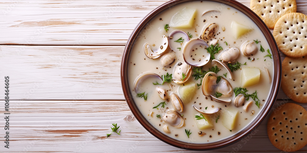 bowl of clam chowder with chunks of potatoes with oyster crackers bowl of clam chowder with chunks of potatoes with oyster crackers
