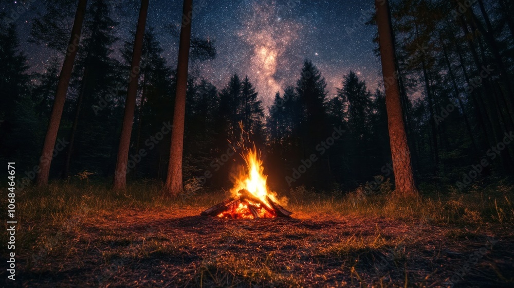 A tranquil forest clearing with a campfire and starry sky A tranquil forest clearing with a campfire and starry sky
