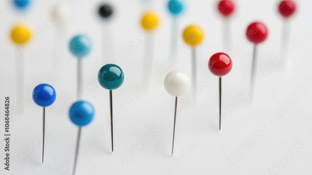 Colorful round head pins are arranged on white surface