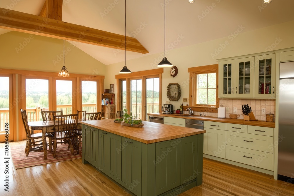 Fototapeta premium Green Kitchen Island with Wood Countertop and Wooden Beams