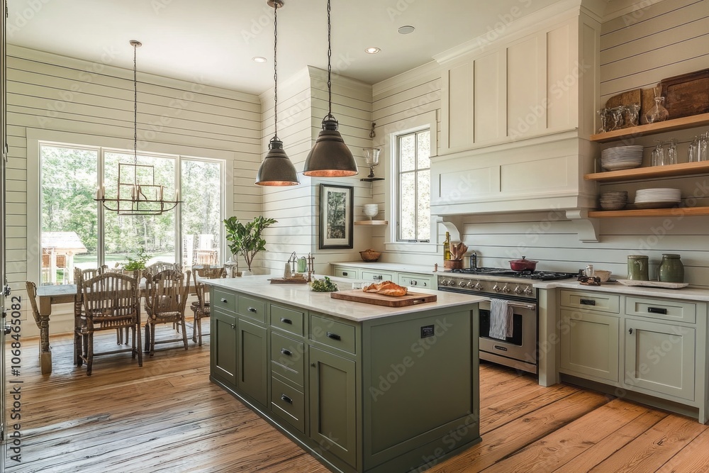 Modern Farmhouse Kitchen with Green Island and Reclaimed Wood Floors Modern Farmhouse Kitchen with Green Island and Reclaimed Wood Floors
