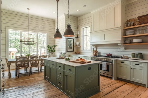 Modern Farmhouse Kitchen with Green Island and Reclaimed Wood Floors