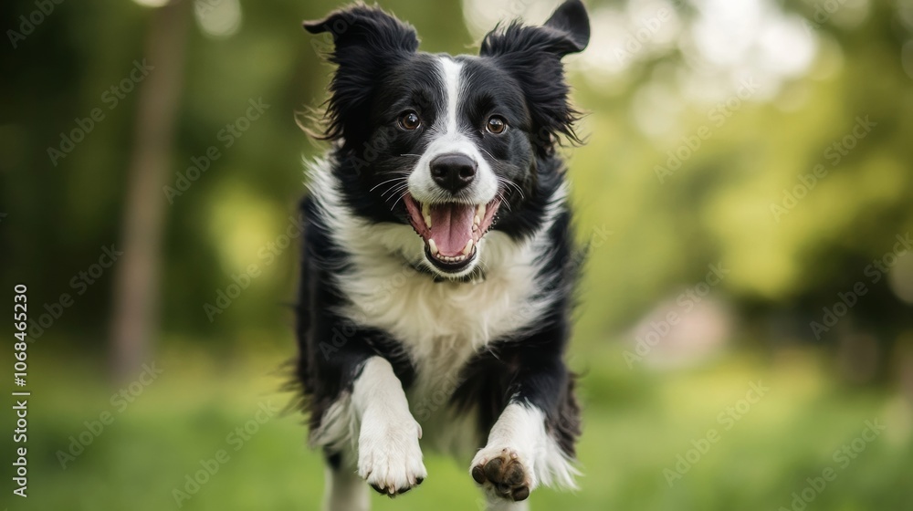 A lively border collie leaps through a verdant park, its fur gleaming in the sunlight. The dog exudes happiness, enjoying the warm day and outdoor freedom A lively border collie leaps through a verdant park, its fur gleaming in the sunlight. The dog exudes happiness, enjoying the warm day and outdoor freedom
