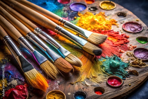 Vibrant Paint Brushes Arranged on a Colorful Palette with Copy Space for Creativity and Artistic Expression in a Bright Studio Environment