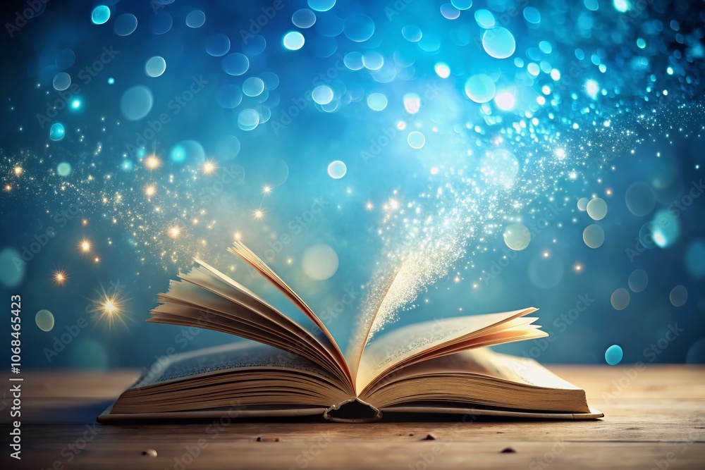 Enchanted Pages: A Tilt-Shift Journey Through an Open Book Surrounded by Shimmering Particles in a Serene Blue Atmosphere Enchanted Pages: A Tilt-Shift Journey Through an Open Book Surrounded by Shimmering Particles in a Serene Blue Atmosphere