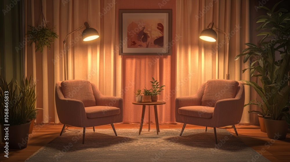 Warm, inviting podcast studio setup with two chairs, soft lighting, and stylish decor, ideal for intimate interviews and discussions. Warm, inviting podcast studio setup with two chairs, soft lighting, and stylish decor, ideal for intimate interviews and discussions.