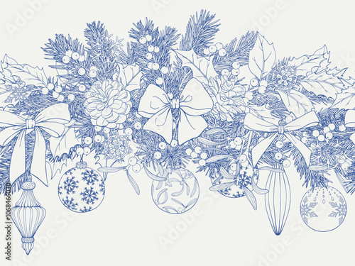 Christmas seamless pattern border with bows toys fir twigs pine cone holly mistletoe balls. Blue beige Hand drawn linear elements Vintage Vector background for design package, holiday, paper, decor