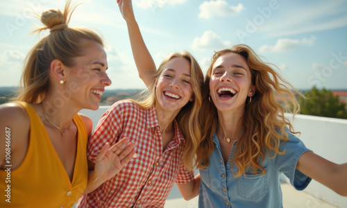 Three Friends Laughing on Rooftop