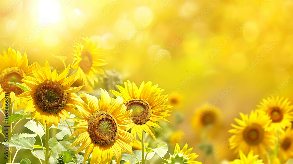 Obraz premium A field of sunflowers in full bloom. The bright yellow petals of the sunflowers are a feast for the eyes.
