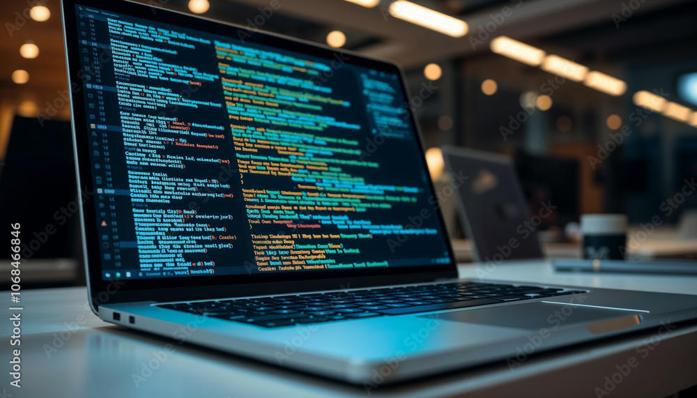 Software Developer Desk with Code on Laptop Screen - Capturing Modern Office and Coding Aesthetics for Tech Professionals Software Developer Desk with Code on Laptop Screen - Capturing Modern Office and Coding Aesthetics for Tech Professionals
