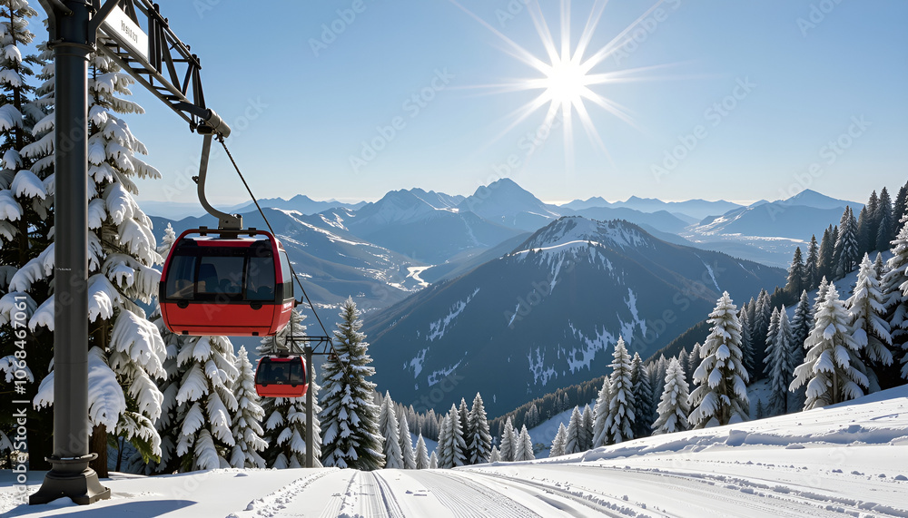 Winter tourism at a ski resort with gondola in snowy mountains Winter tourism at a ski resort with gondola in snowy mountains