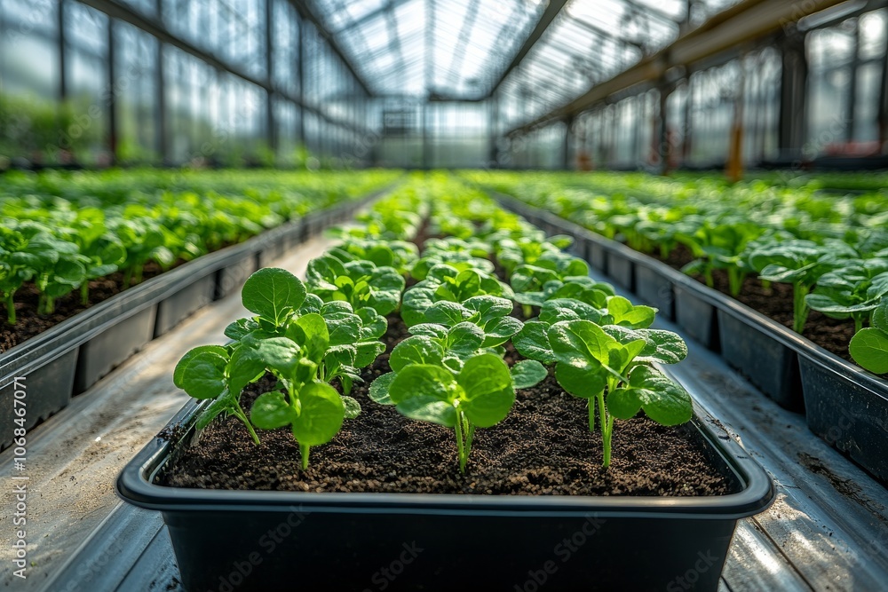 Seedlings grow in a well-lit greenhouse. Generative AI Seedlings grow in a well-lit greenhouse. Generative AI