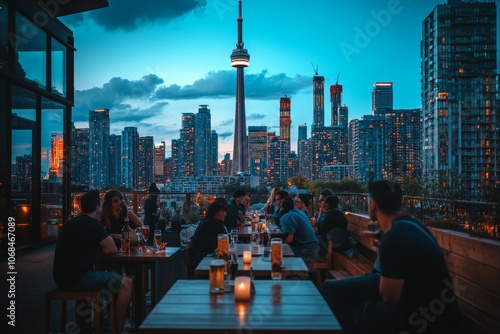 An Evening in Toronto: Dining Under Dusk with Stunning Skyline Views and the Iconic CN Tower Illuminating the Cityscape