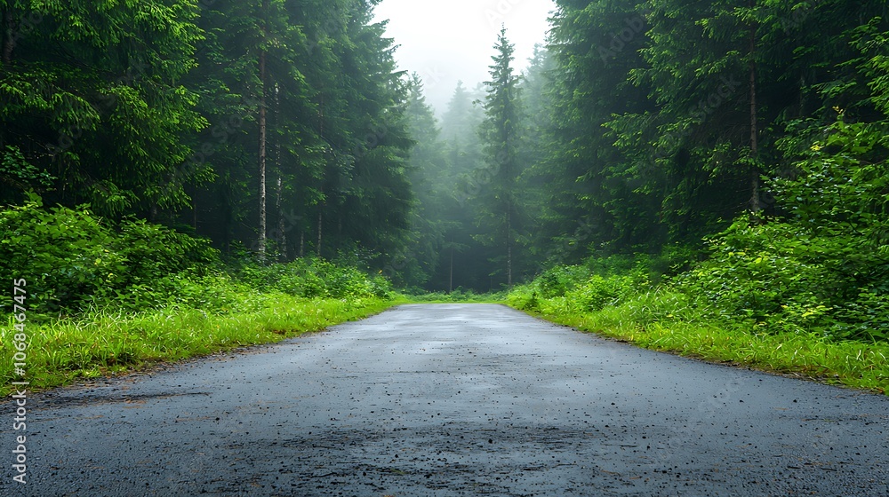 Fototapeta premium Explore the tranquil beauty of a misty road surrounded by lush green forests