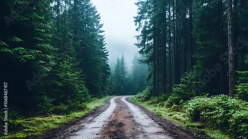 Explore the serene pathway through the enchanting forest landscape on a foggy morning