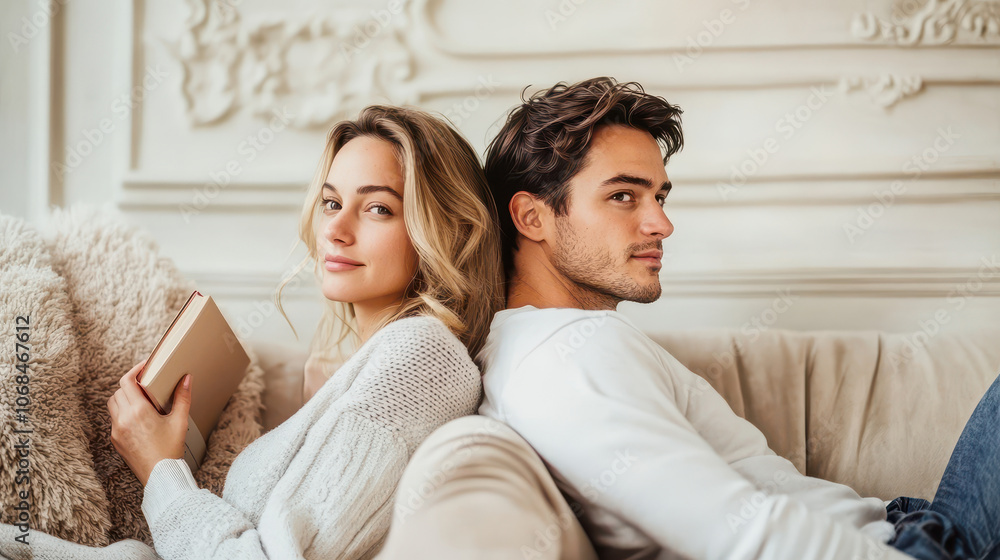 A young couple relaxes together on a cozy couch, enjoying quality time and connection in a stylish living room. A young couple relaxes together on a cozy couch, enjoying quality time and connection in a stylish living room.