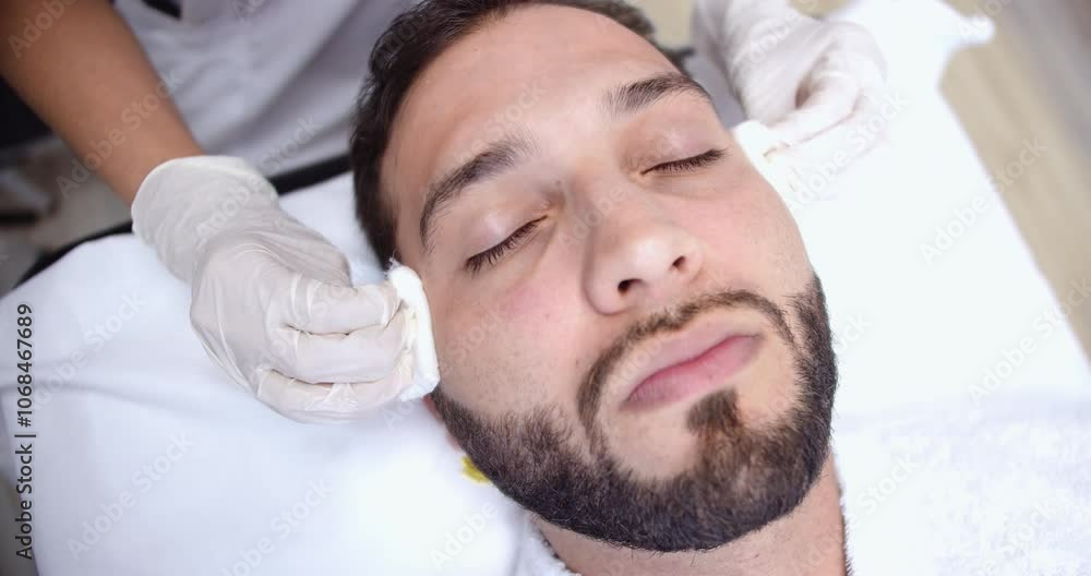 Beautiful slow motion close-up shot of a young bearded man's face lying on a massage table preparing to receive his beauty treatment while his face is being cleaned with sponges. Beautiful slow motion close-up shot of a young bearded man's face lying on a massage table preparing to receive his beauty treatment while his face is being cleaned with sponges.