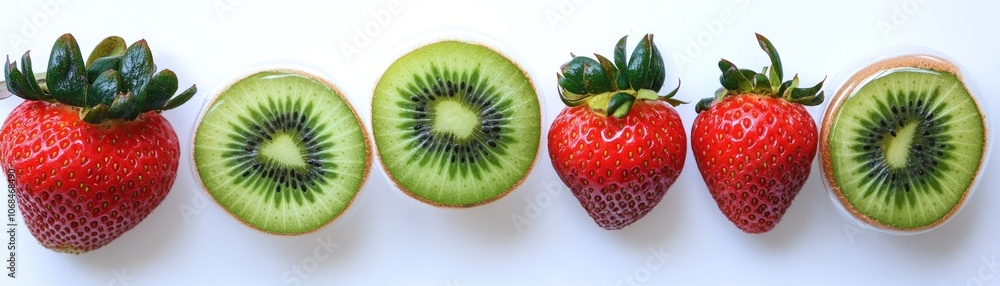 A colorful arrangement of strawberries and kiwi slices on a white background. A colorful arrangement of strawberries and kiwi slices on a white background.