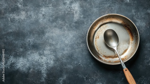 Worn metal frying pan with wooden handle and spoon on dark background