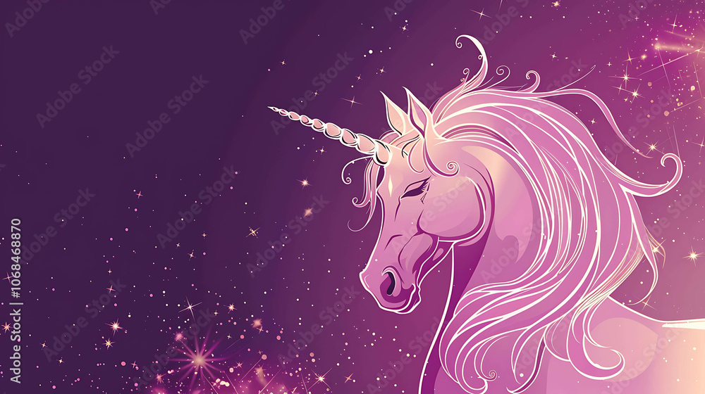 Fototapeta premium A beautiful unicorn with a long flowing mane and tail stands in a field of stars.