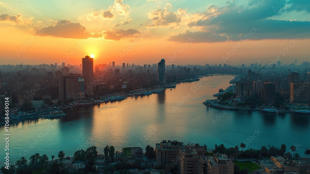 Fototapeta premium Scenic view of river at sunset, with buildings and colorful sky